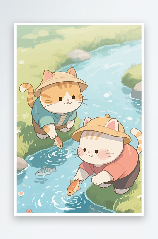 Q版两只小猫在小溪玩水-众图网