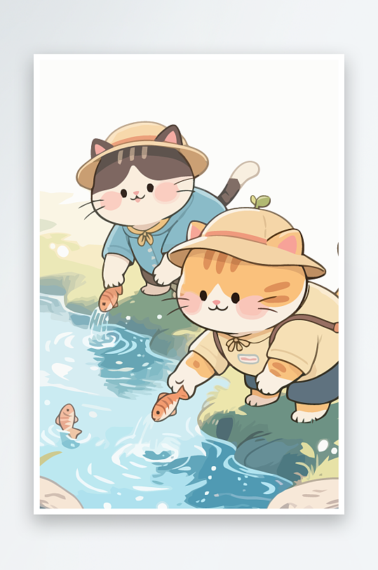 Q版两只小猫在小溪玩水-众图网