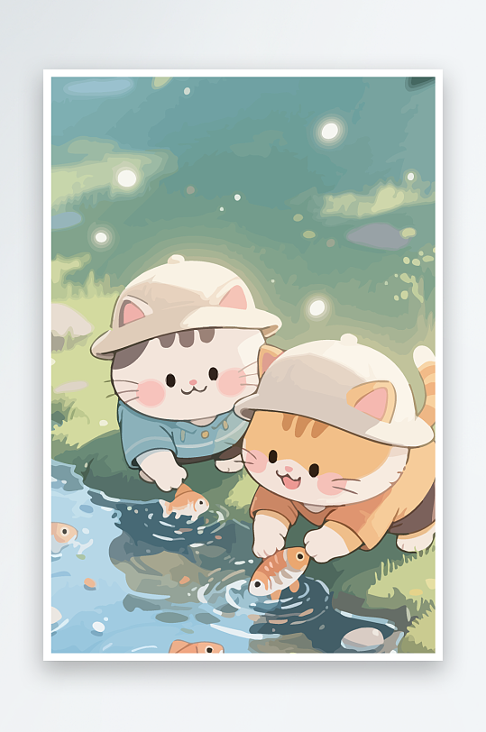 Q版两只小猫在小溪玩水-众图网