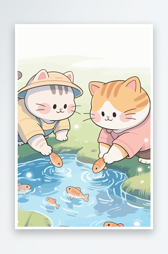 Q版两只小猫在小溪玩水-众图网