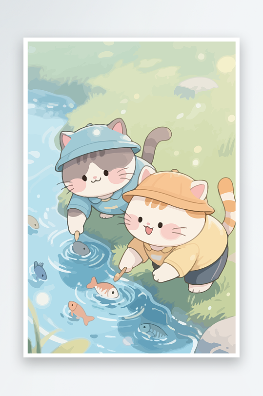 Q版两只小猫在小溪玩水-众图网