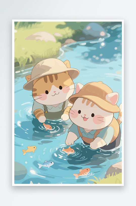 Q版两只小猫在小溪玩水-众图网