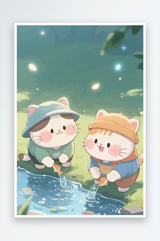 Q版两只小猫在小溪玩水-众图网