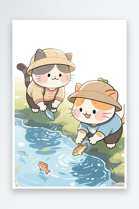 Q版两只小猫在小溪玩水-众图网