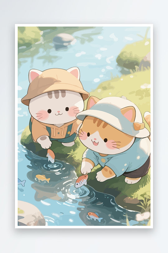 Q版两只小猫在小溪玩水-众图网