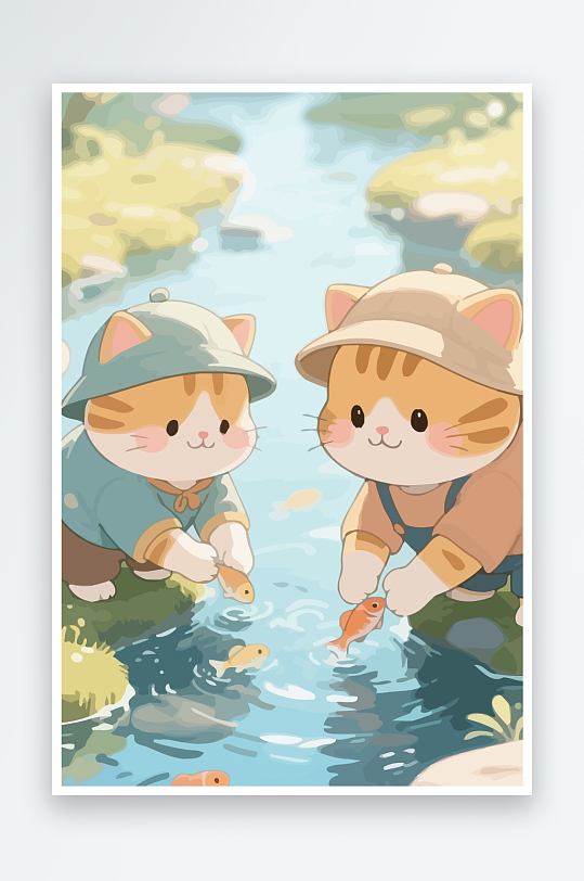 Q版两只小猫在小溪玩水-众图网
