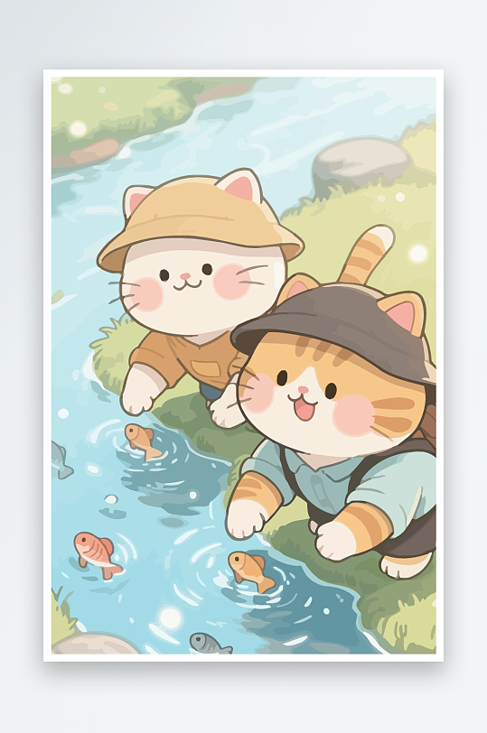 Q版两只小猫在小溪玩水-众图网