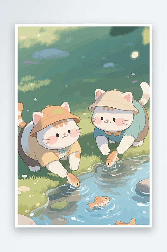 Q版两只小猫在小溪玩水元素-众图网