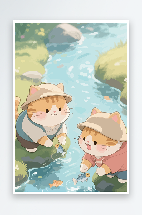 Q版两只小猫在小溪玩水元素-众图网