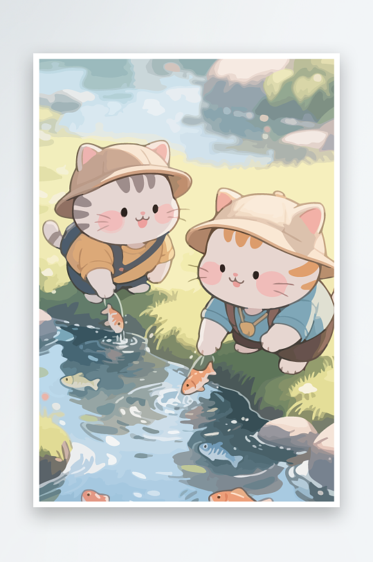 Q版两只小猫在小溪玩水元素-众图网