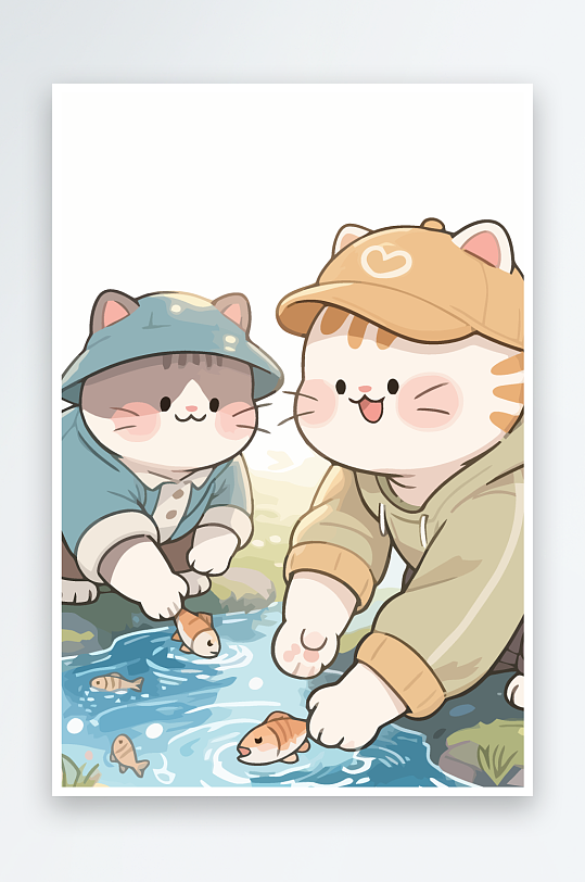 Q版两只小猫在小溪玩水元素-众图网