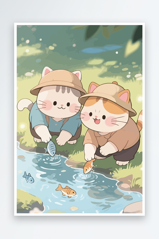 Q版两只小猫在小溪玩水元素-众图网
