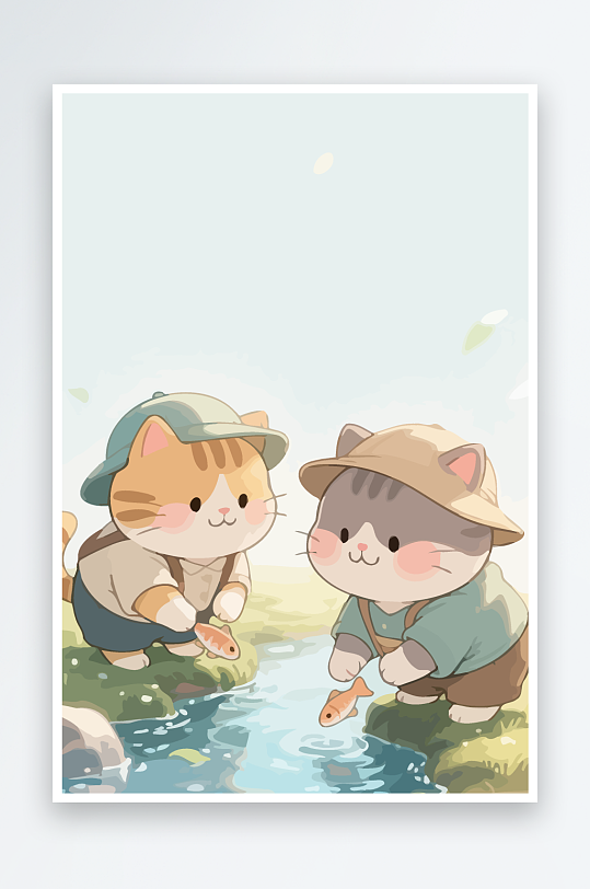 Q版两只小猫在小溪玩水元素-众图网