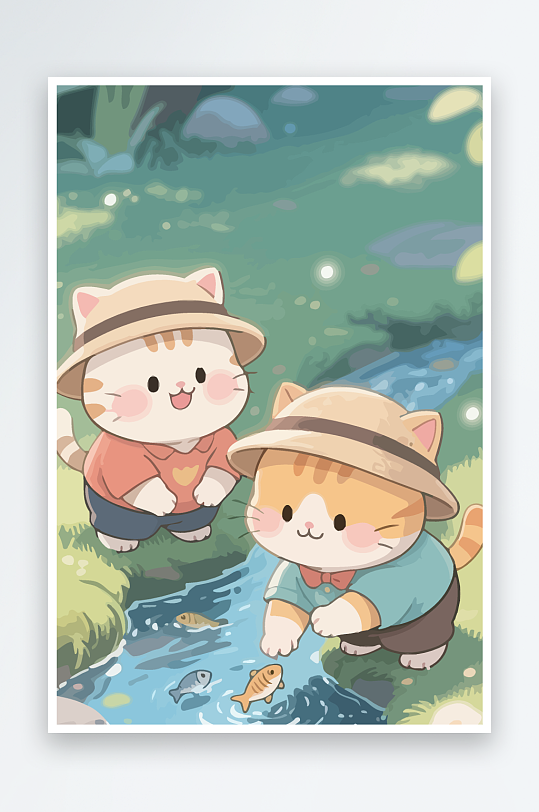 Q版两只小猫在小溪玩水元素-众图网