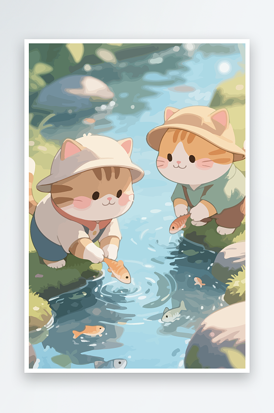 Q版两只小猫在小溪玩水元素-众图网