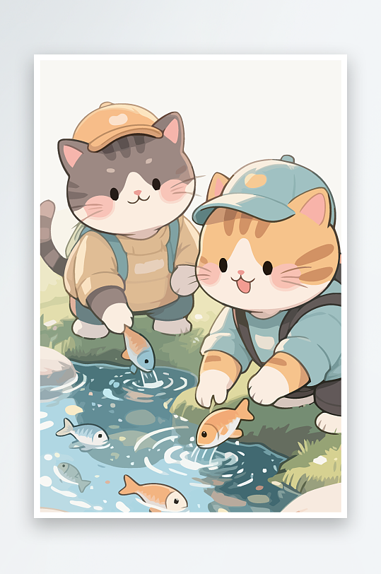 Q版两只小猫在小溪玩水元素-众图网