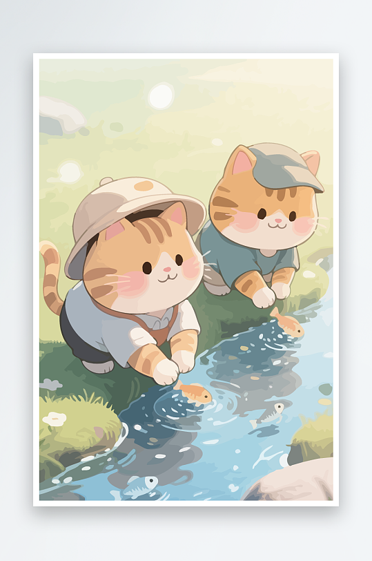 Q版两只小猫在小溪玩水元素-众图网