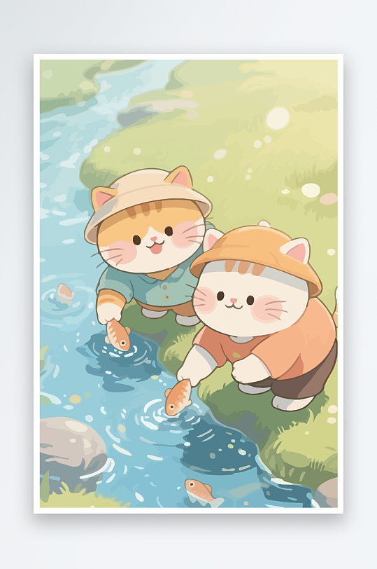 Q版两只小猫在小溪玩水元素-众图网