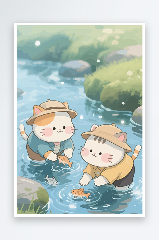 Q版两只小猫在小溪玩水元素-众图网