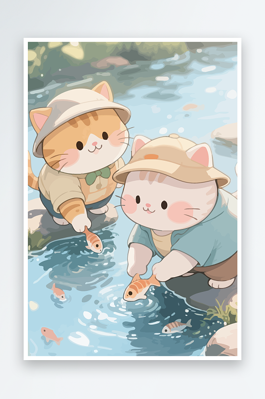 Q版两只小猫在小溪玩水元素-众图网