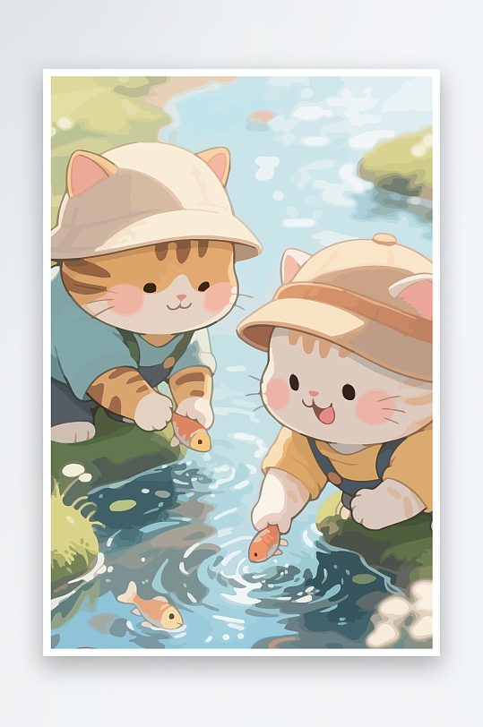 Q版两只小猫在小溪玩水元素-众图网