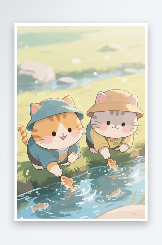 Q版两只小猫在小溪玩水-众图网