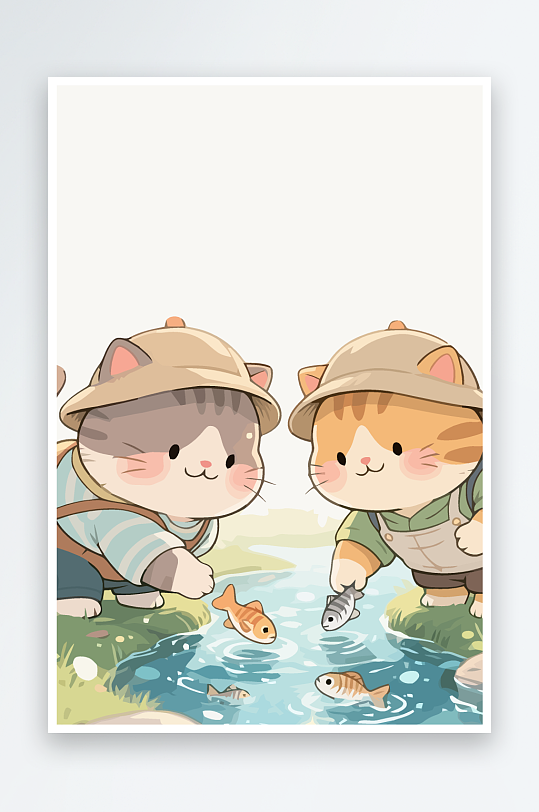 Q版两只小猫在小溪玩水-众图网