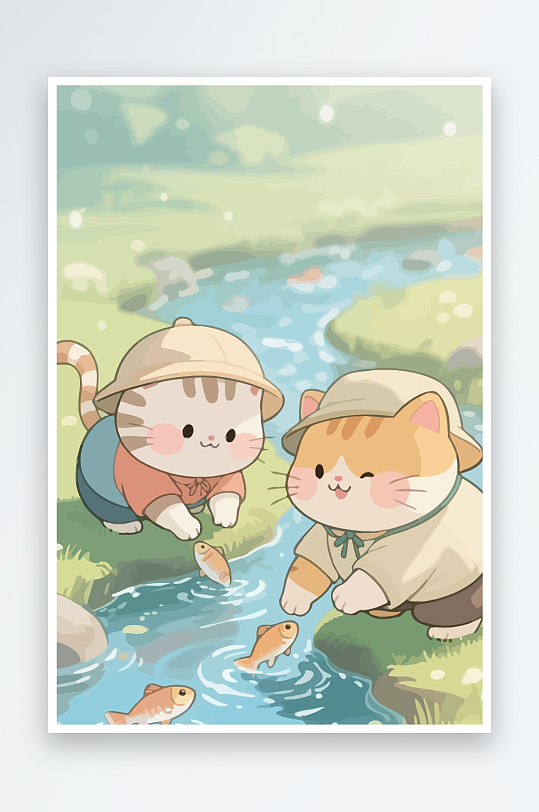 Q版两只小猫在小溪玩水-众图网