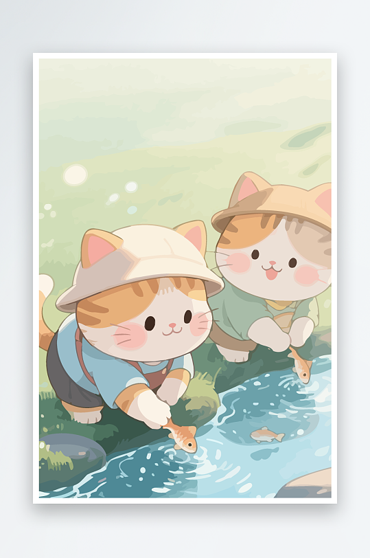 Q版两只小猫在小溪玩水-众图网