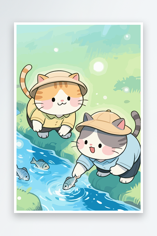 Q版两只小猫在小溪玩水-众图网