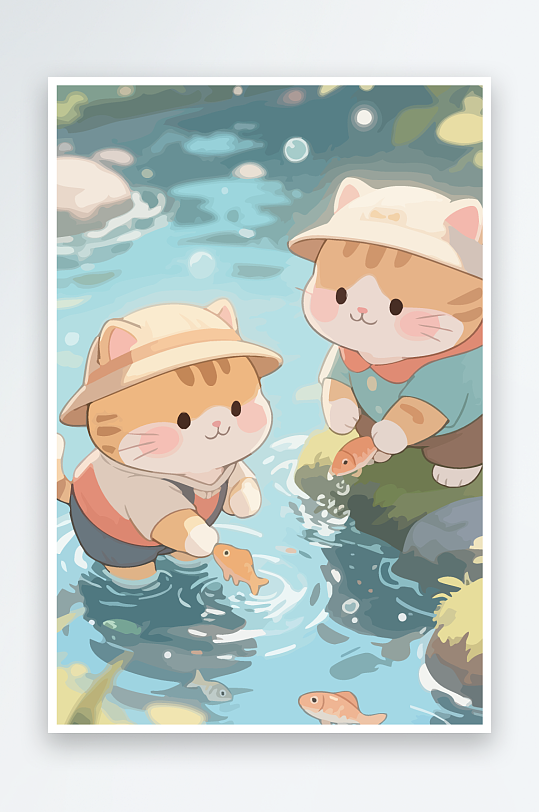 Q版两只小猫在小溪玩水-众图网