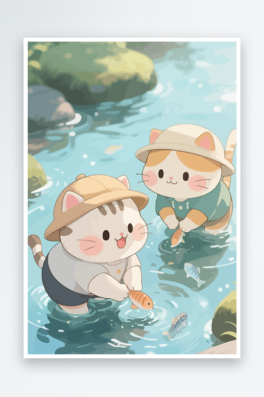 Q版两只小猫在小溪玩水元素-众图网