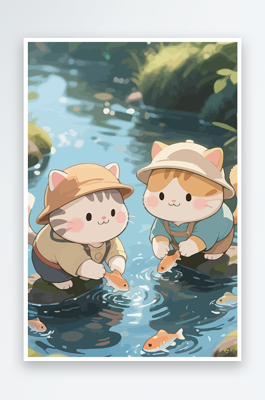 Q版两只小猫在小溪玩水元素-众图网