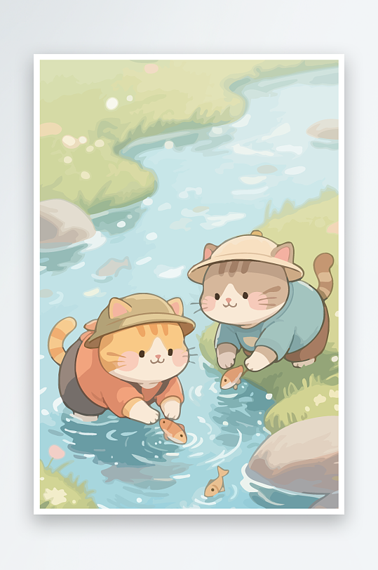 Q版两只小猫在小溪玩水元素-众图网