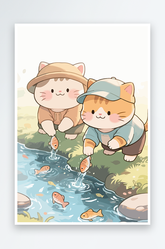 Q版两只小猫在小溪玩水元素-众图网