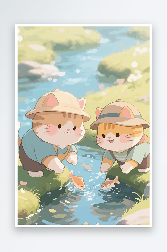 Q版两只小猫在小溪玩水元素-众图网