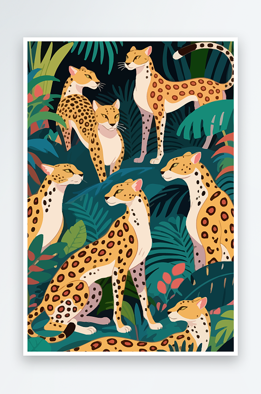 彩绘森林里的花豹插画元素-众图网
