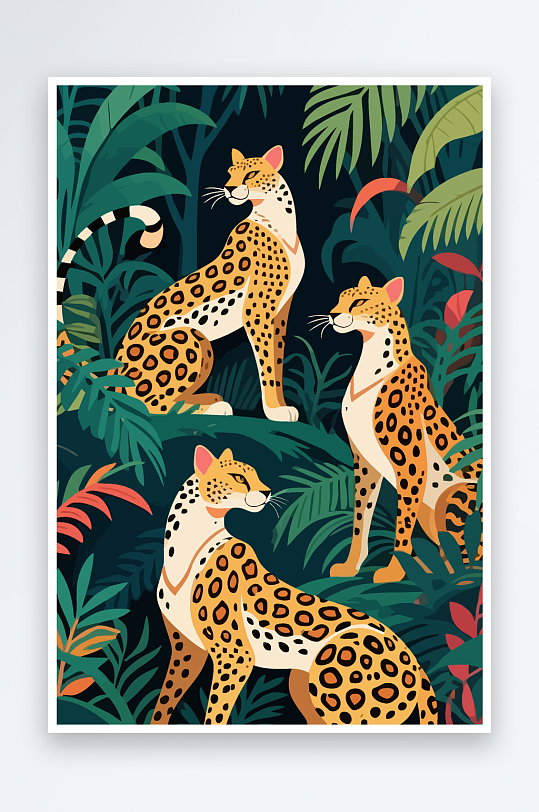 彩绘森林里的花豹插画元素-众图网