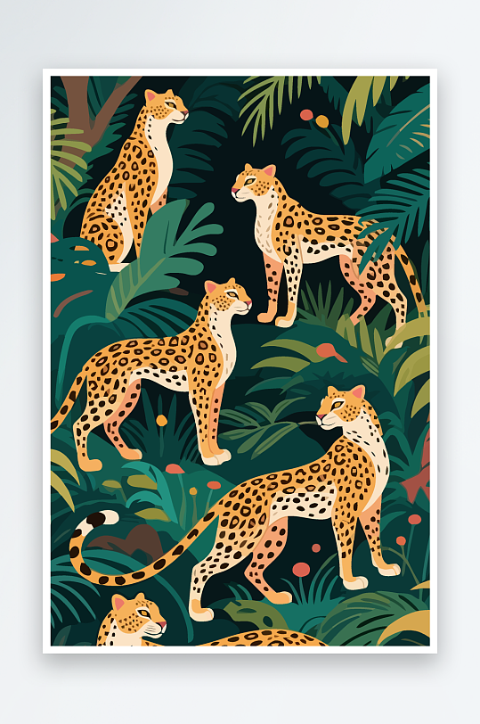 彩绘森林里的花豹插画元素-众图网