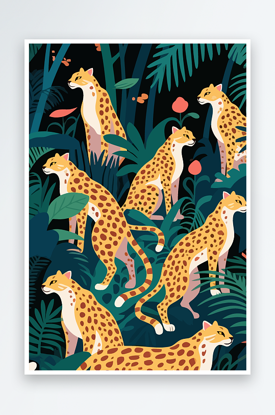 彩绘森林里的花豹插画元素-众图网