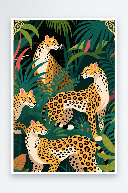 彩绘森林里的花豹插画元素-众图网