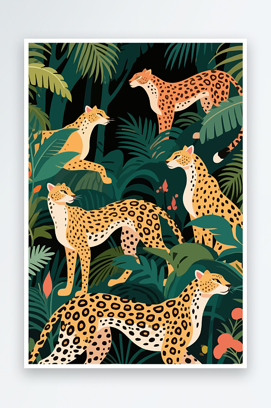 彩绘森林里的花豹插画元素-众图网