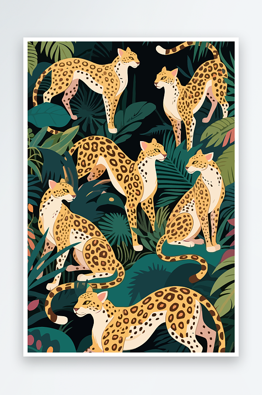 彩绘森林里的花豹插画元素-众图网