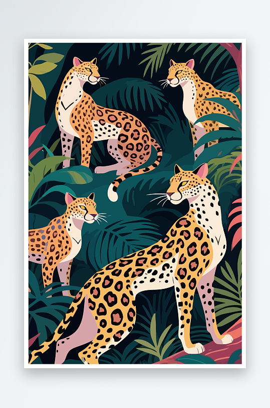 彩绘森林里的花豹插画元素-众图网
