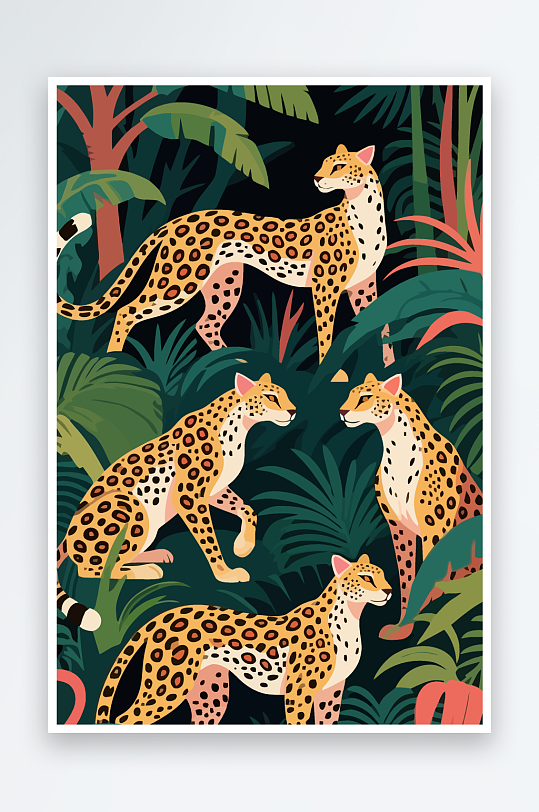 彩绘森林里的花豹插画元素-众图网
