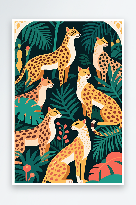 彩绘森林里的花豹插画元素-众图网