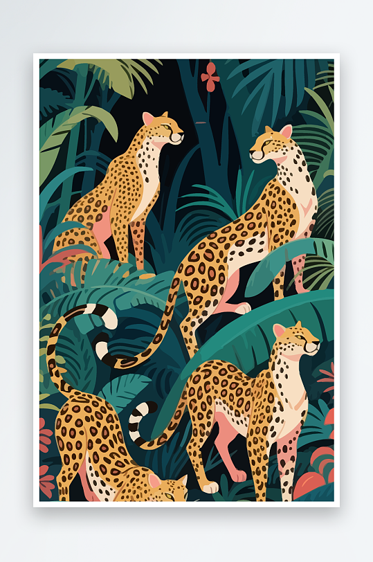 彩绘森林里的花豹插画元素-众图网