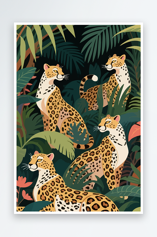 彩绘森林里的花豹插画元素-众图网
