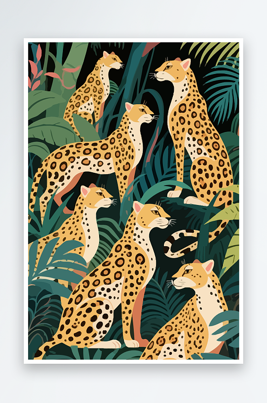 彩绘森林里的花豹插画元素-众图网