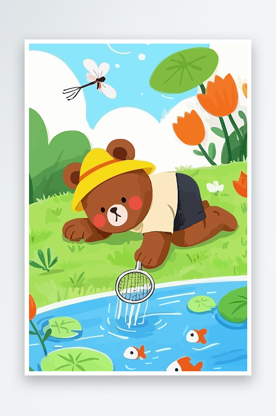 Q版彩绘捞鱼的小熊插画-众图网